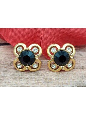 1928 Collection Gold Tone & Black Stud Earrings Small .5" Flower Crystal Accents